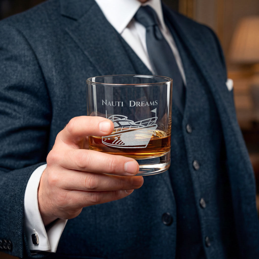 Engraved 10.5oz Whiskey Glass — "Nauti Dreams" Rocks Glass, Nautical Bar Gift