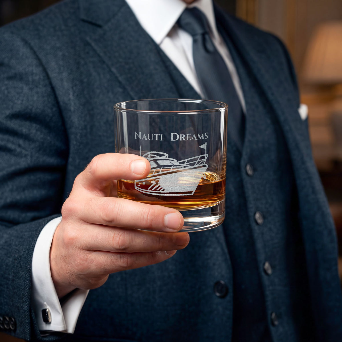 Engraved 10.5oz Whiskey Glass — "Nauti Dreams" Rocks Glass, Nautical Bar Gift