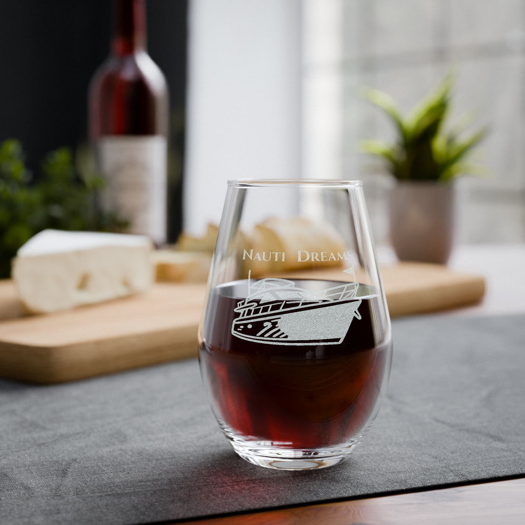 Nauti Dreams Stemless Wine Glass – Personalized Nautical Boat Wine Glass
