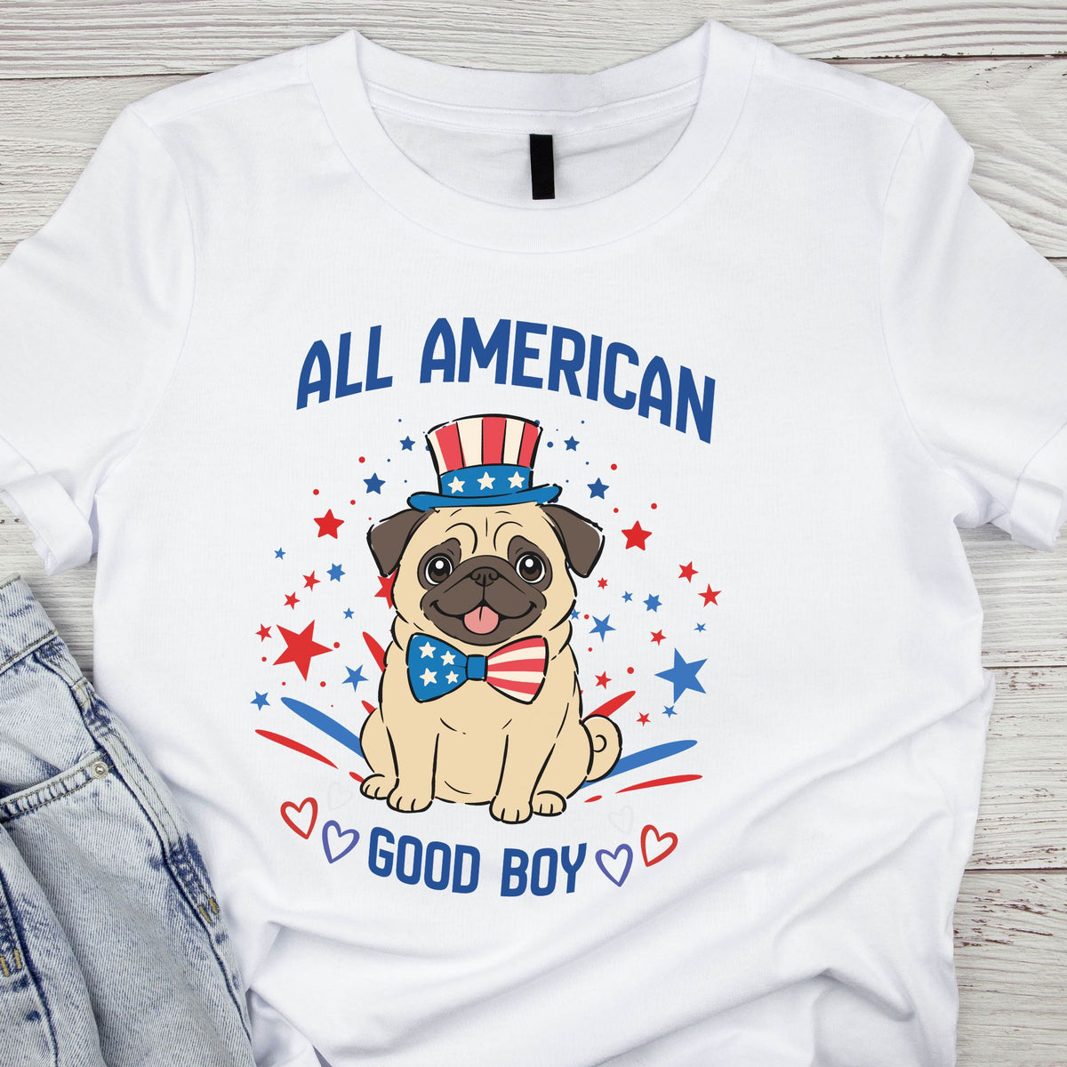 All American Pug T-Shirt — "All American Good Boy" Patriotic Dog Tee