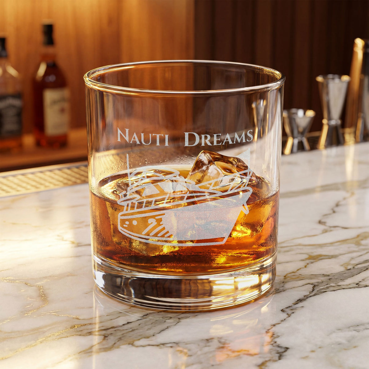 Engraved 10.5oz Whiskey Glass — "Nauti Dreams" Rocks Glass, Nautical Bar Gift